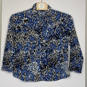 Talbots Nantucket XLP Blue Black White Abstract Print Button Front Blouse